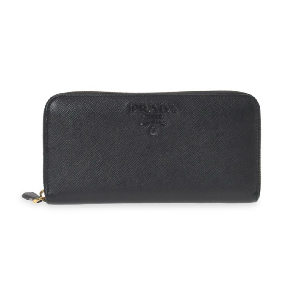 Prada Saffiano Black Leather Zip Around Wallet
